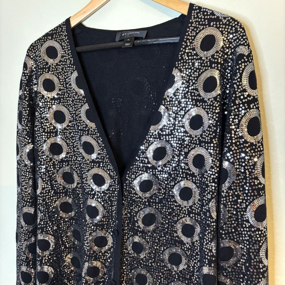 St. John Sequin Cardigan Black Silk Cashmere Merino Wool Sweater Glam XL $482 - Picture 3 of 12